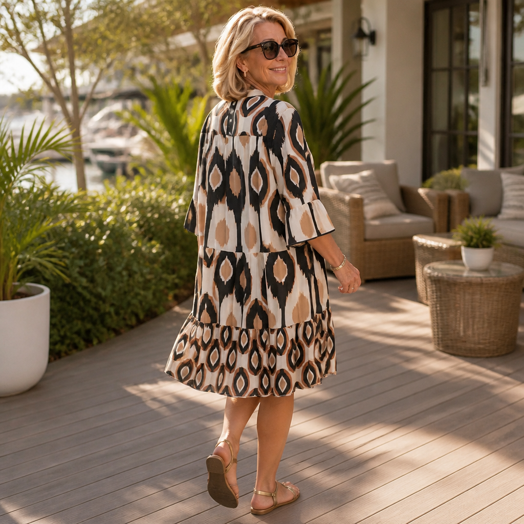 Women's Geometric Print Midi Dress – V-Neck, Ruffle Hem, Tiered