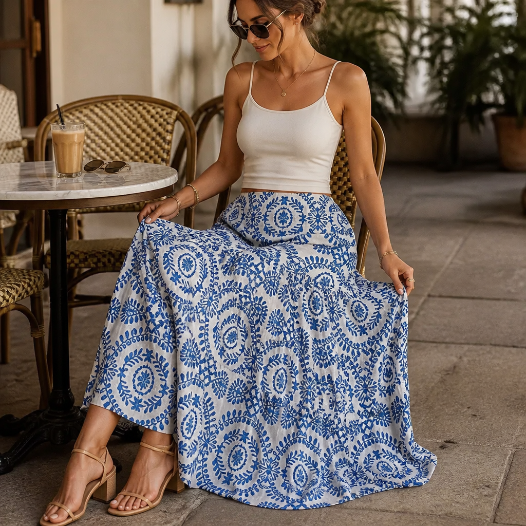 Women's Maxi Skirt – Tiered, Geometric Print, Elastic Waist