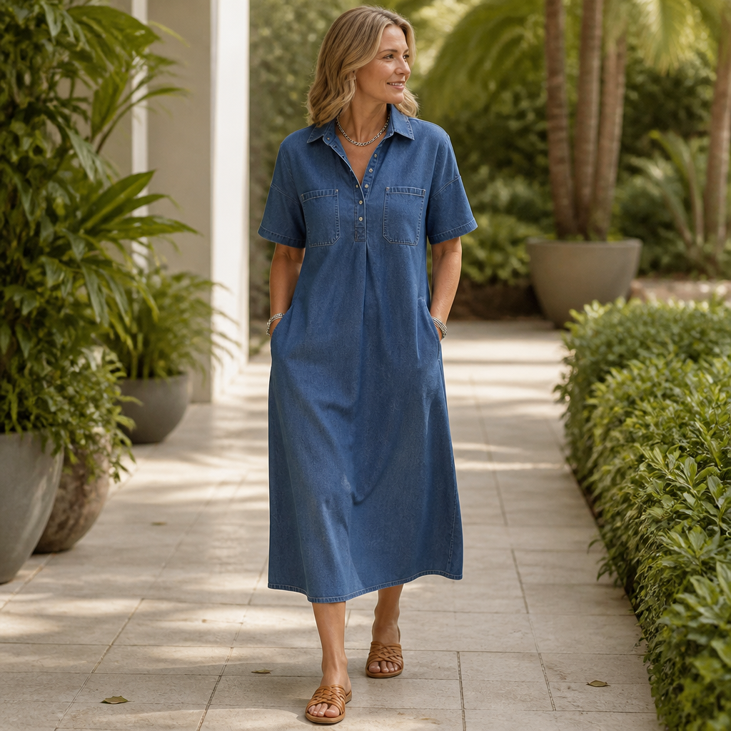 Women's Denim Midi Dress – Collared, Short Sleeves, Pockets