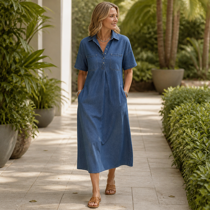 Women's Denim Midi Dress – Collared, Short Sleeves, Pockets