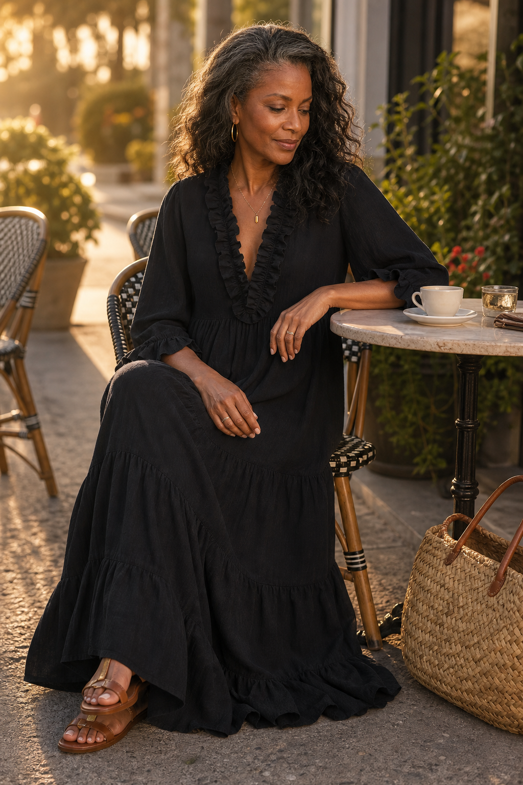Women's Tiered Maxi Dress – Ruffled V-Neck, Woven Fabric