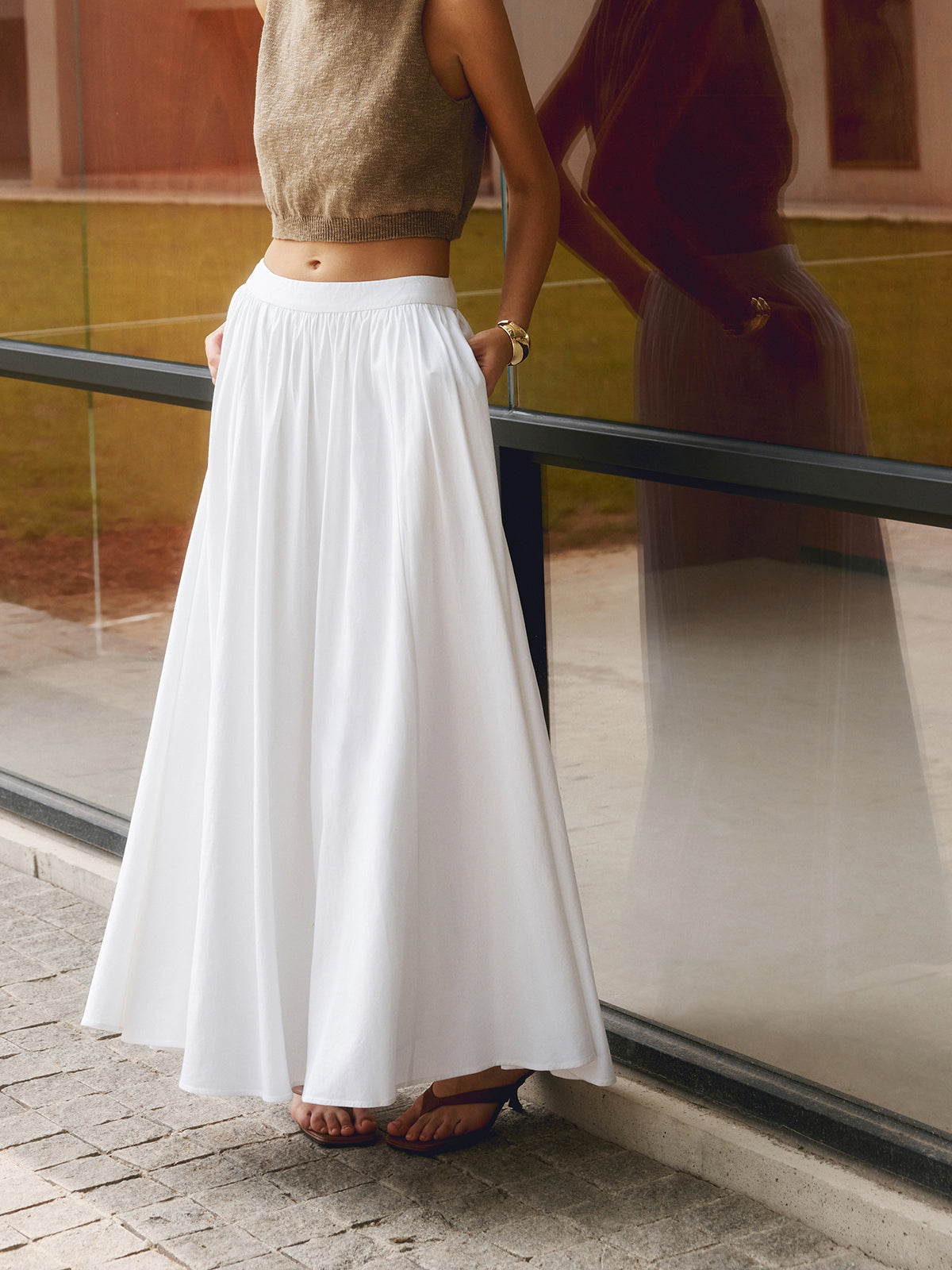 Women's High Waist Pleated Maxi Skirt with Pockets