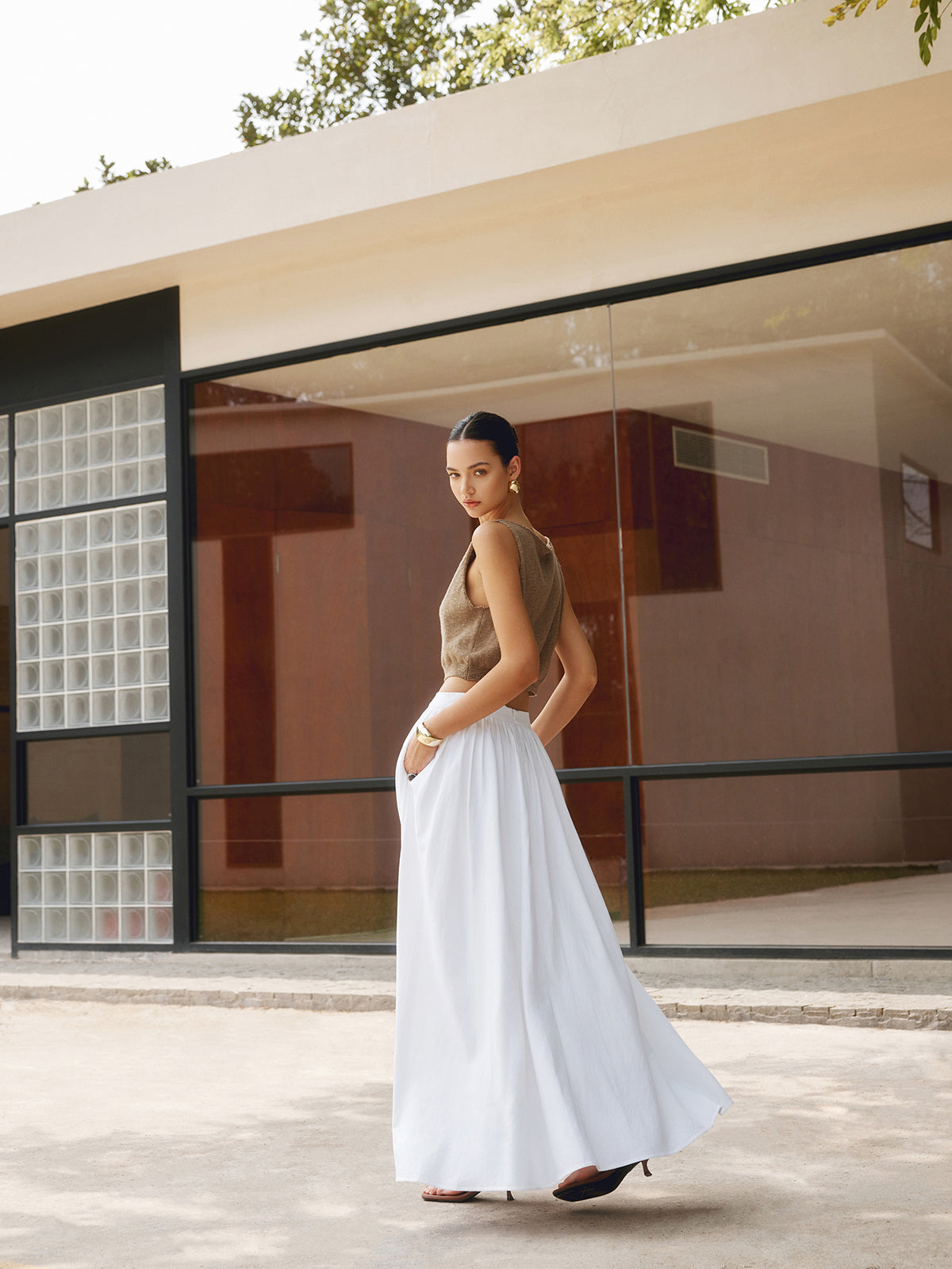 Women's High Waist Pleated Maxi Skirt with Pockets