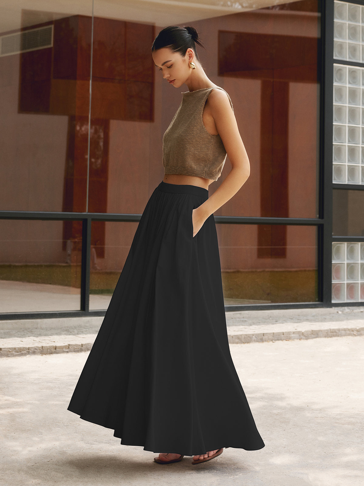 Women's High Waist Pleated Maxi Skirt with Pockets