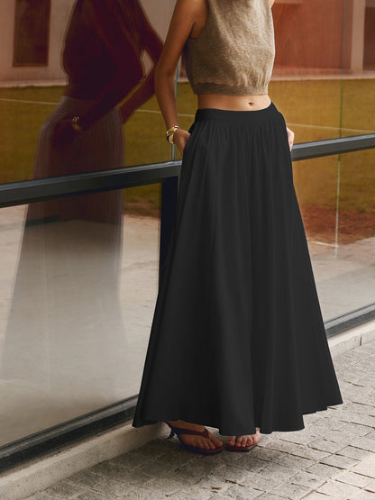 Women's High Waist Pleated Maxi Skirt with Pockets