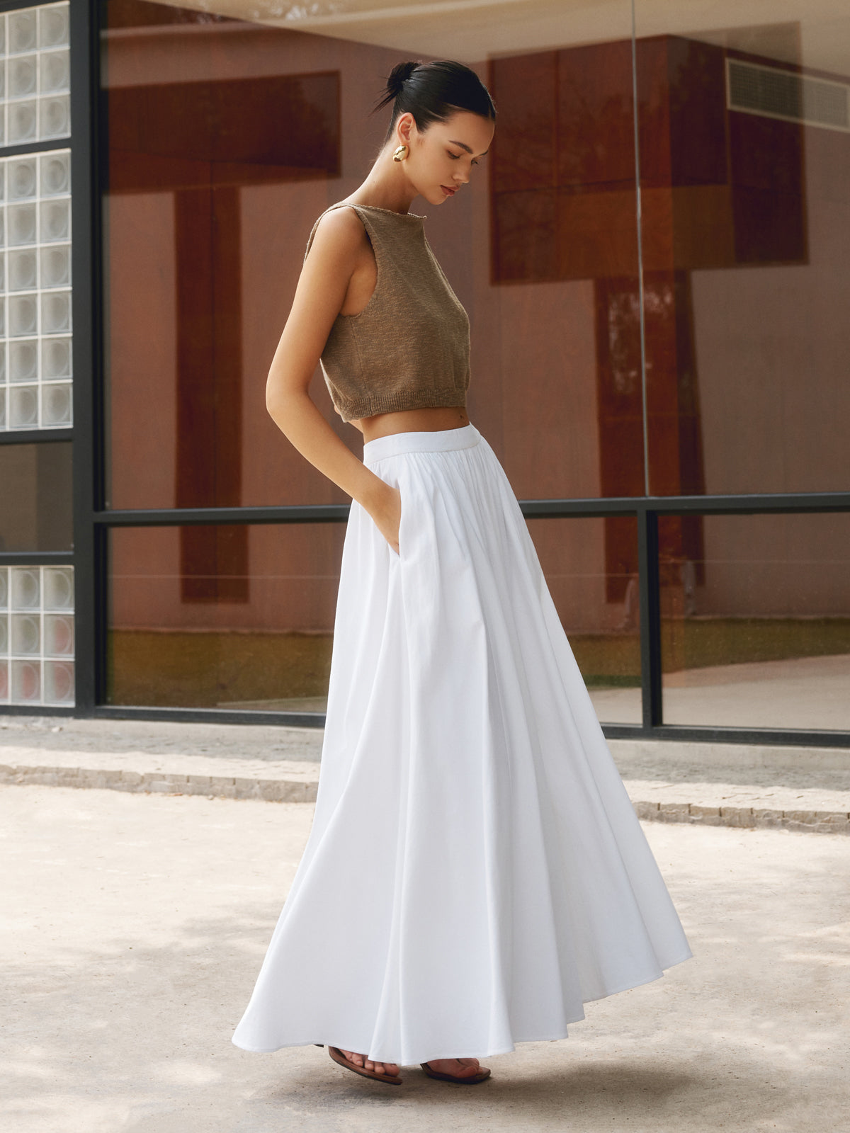 Women's High Waist Pleated Maxi Skirt with Pockets