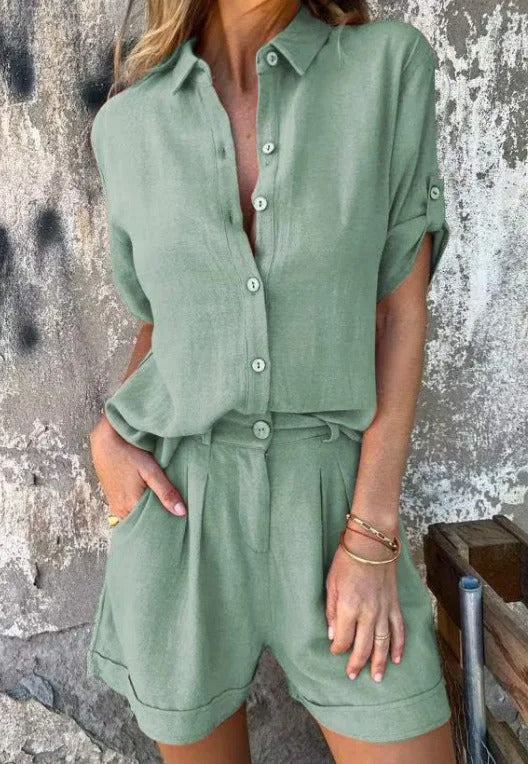 Women's Button-Down Shirt and Shorts Two-Piece Set