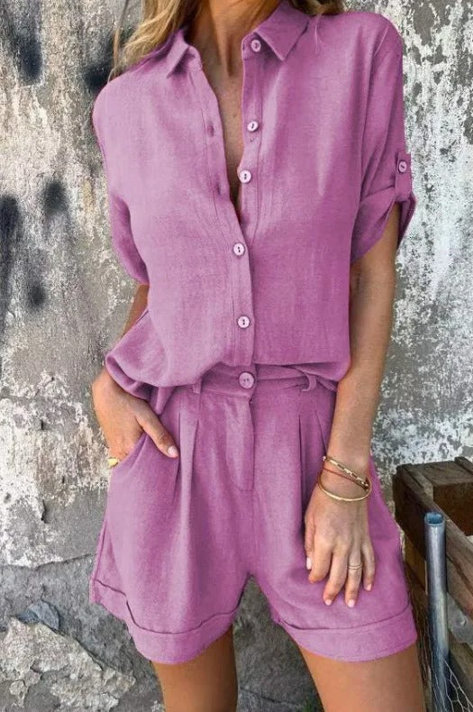 Women's Button-Down Shirt and Shorts Two-Piece Set