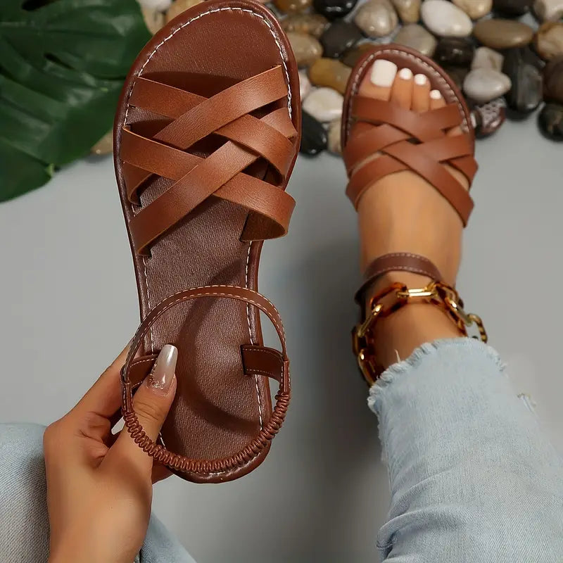Women's Strappy Flat Sandals with Elastic Ankle Strap