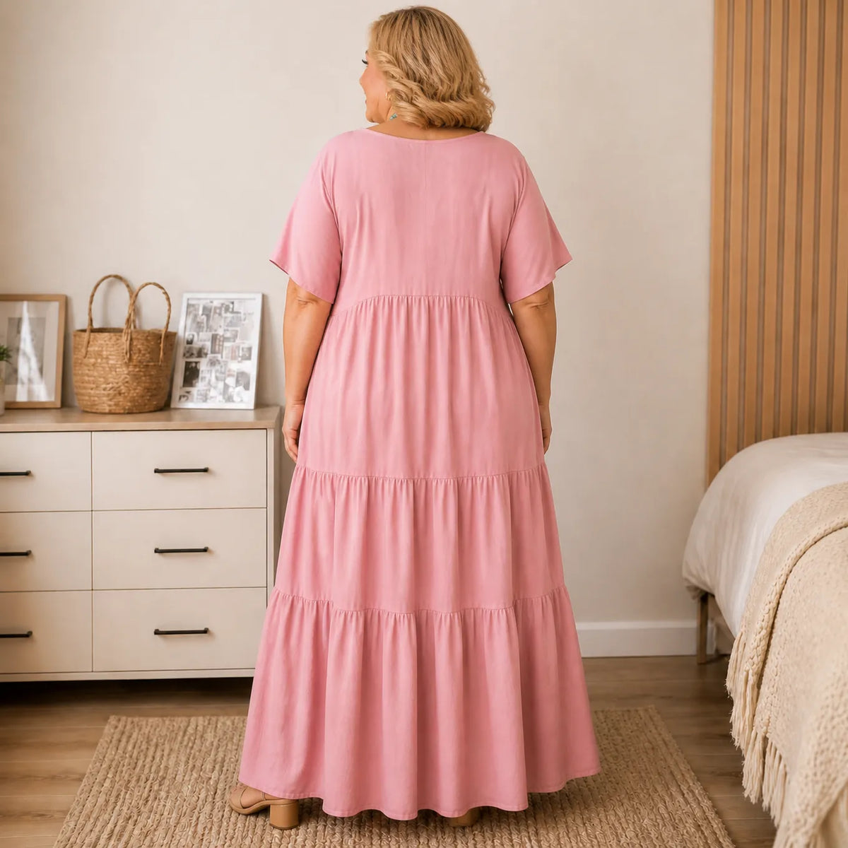 Women's Tiered Maxi Dress – V-Neck, Short Sleeves, Linen Blend