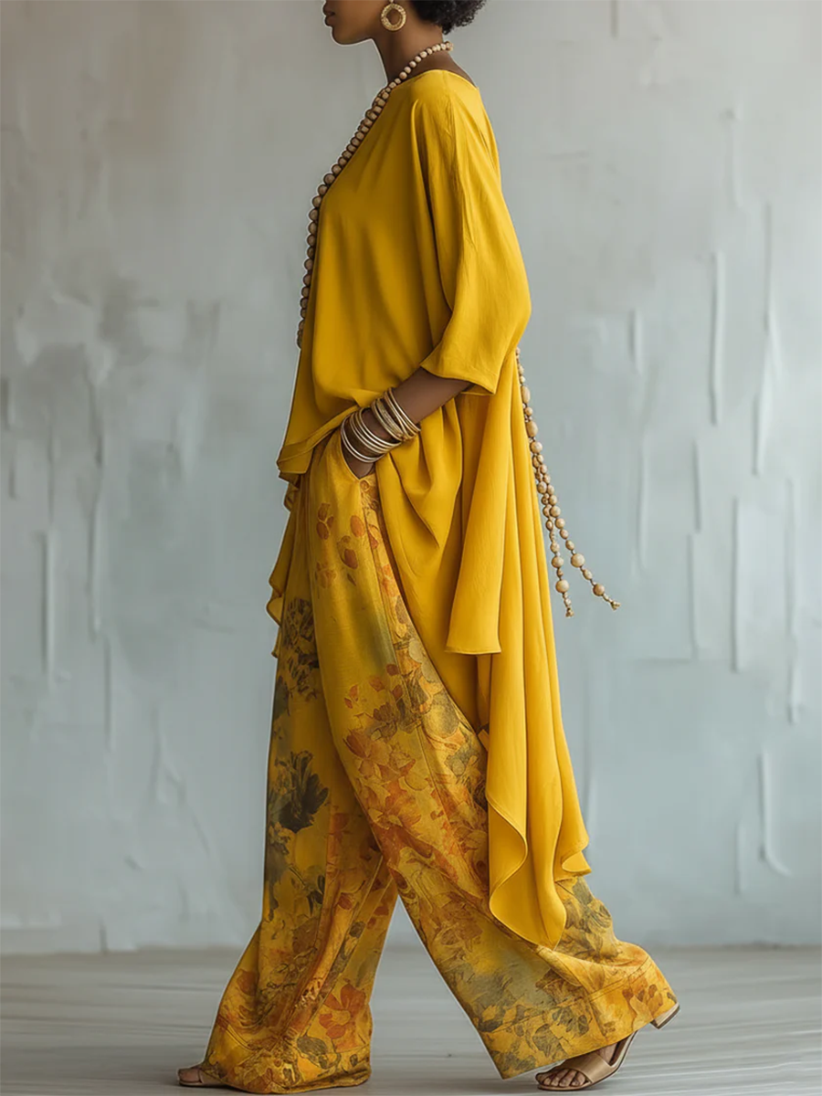 Women's Asymmetric Top and Floral Wide Leg Pants Set