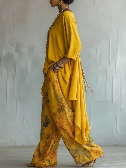 Women's Asymmetric Top and Floral Wide Leg Pants Set