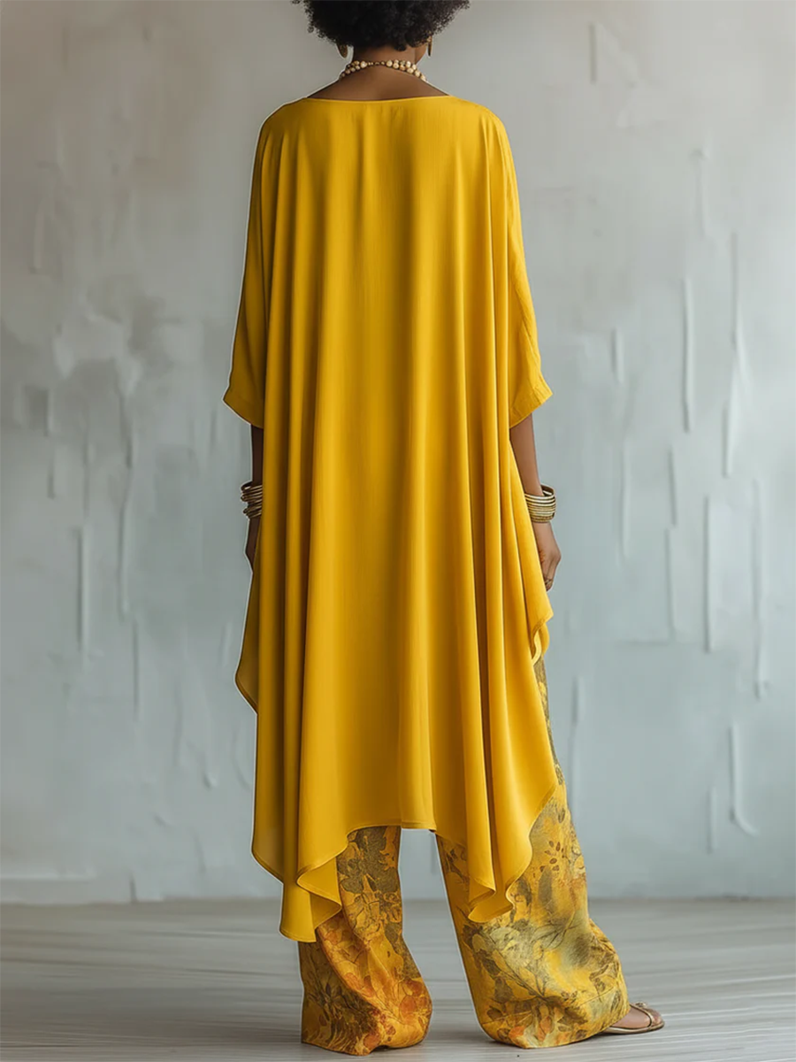 Women's Asymmetric Top and Floral Wide Leg Pants Set