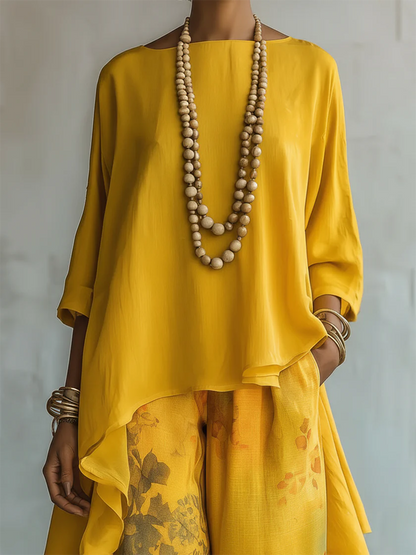 Women's Asymmetric Top and Floral Wide Leg Pants Set