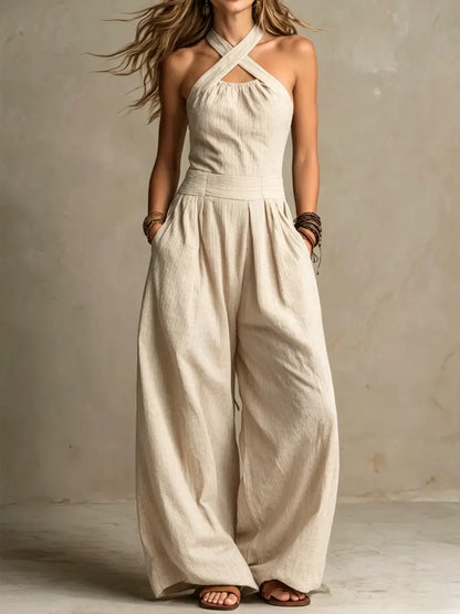 Women's Cotton Linen Jumpsuit with Crossed Halter Neck