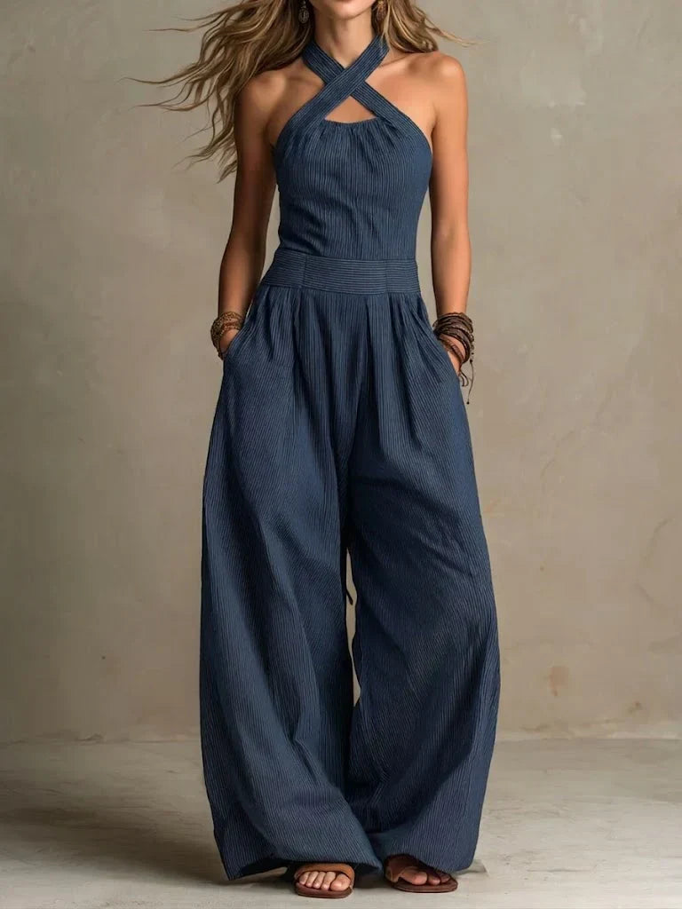 Women's Cotton Linen Jumpsuit with Crossed Halter Neck