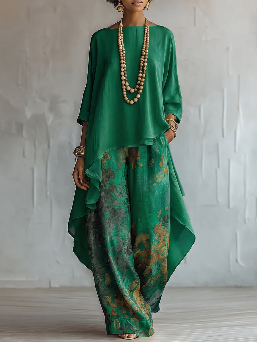 Women's Asymmetric Top and Floral Wide Leg Pants Set