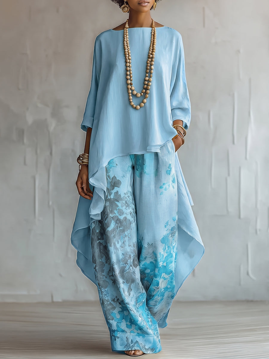 Women's Asymmetric Top and Floral Wide Leg Pants Set