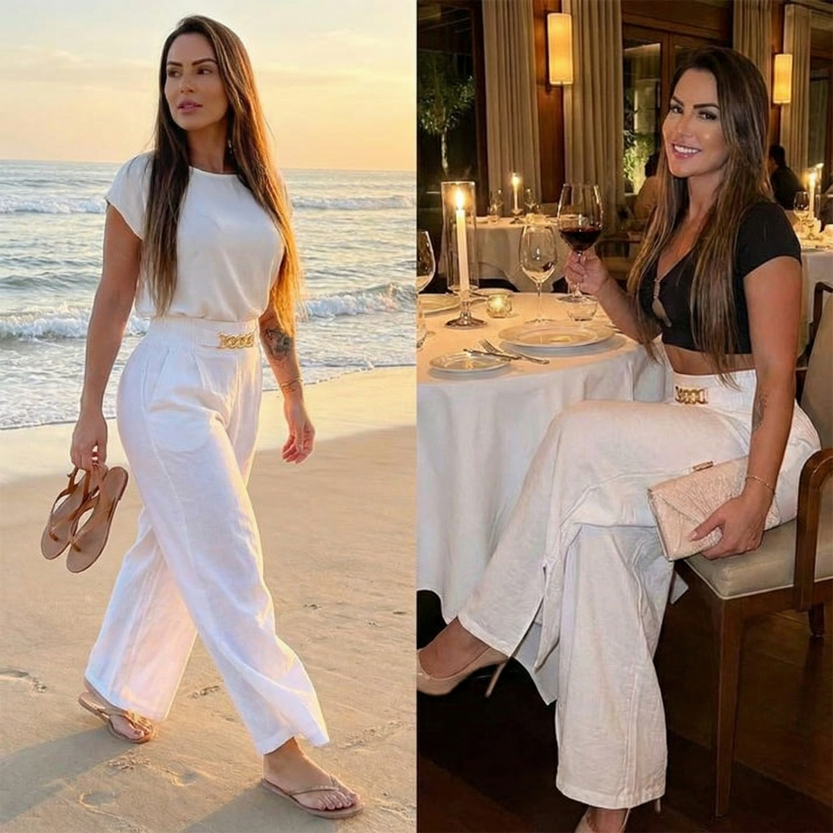 Women's Wide Leg Trousers with Chain Waist