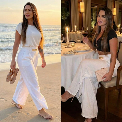 Women's Wide Leg Trousers with Chain Waist