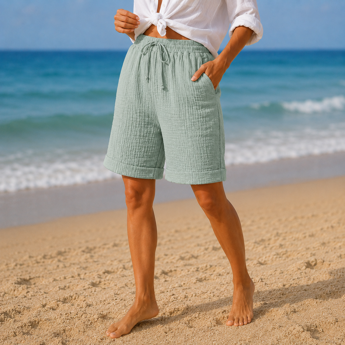 Women's Crinkle Bermuda Shorts with Drawstring Waist