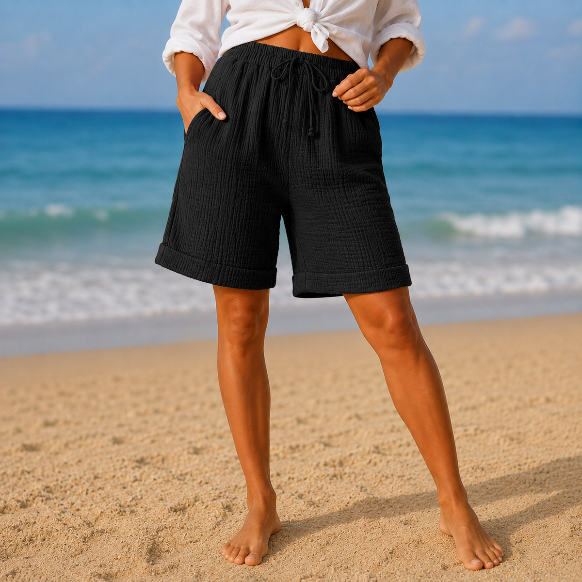 Women's Crinkle Bermuda Shorts with Drawstring Waist