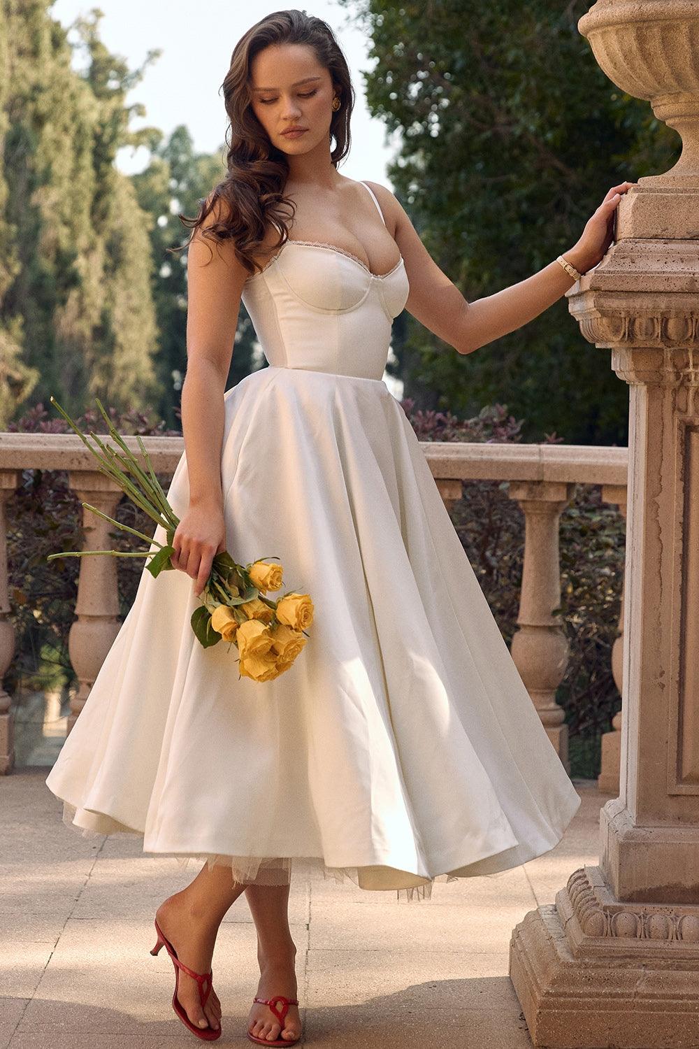 Women's Bustier Midi Dress with Flared Skirt