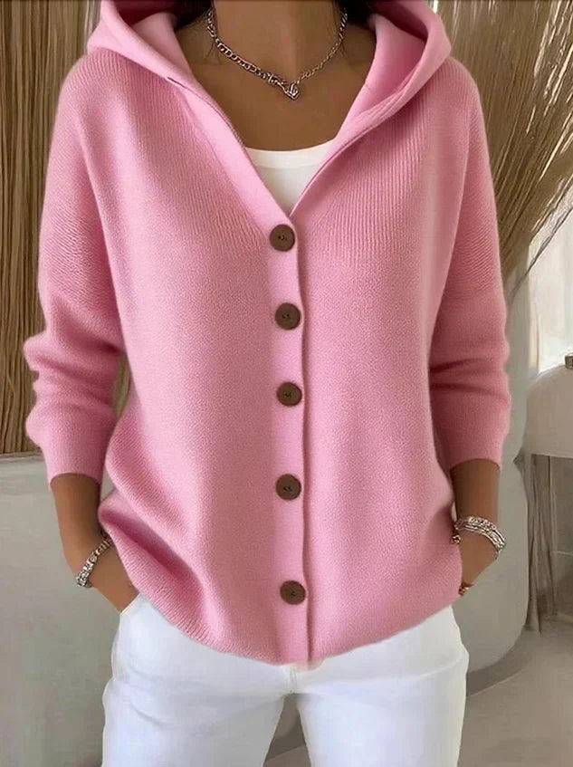 Women's Hooded Knitted Cardigan with Buttons