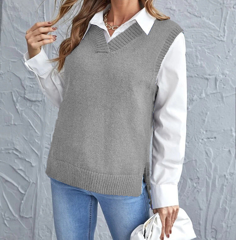 Women's Ribbed V-Neck Knit Vest with Side Slits