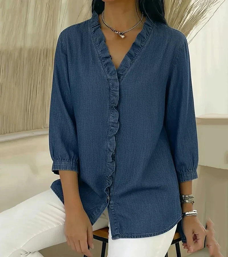 Women's Denim Ruffle V-Neck Blouse with 3/4 Sleeves