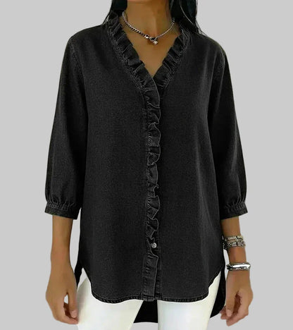 Women's Denim Ruffle V-Neck Blouse with 3/4 Sleeves