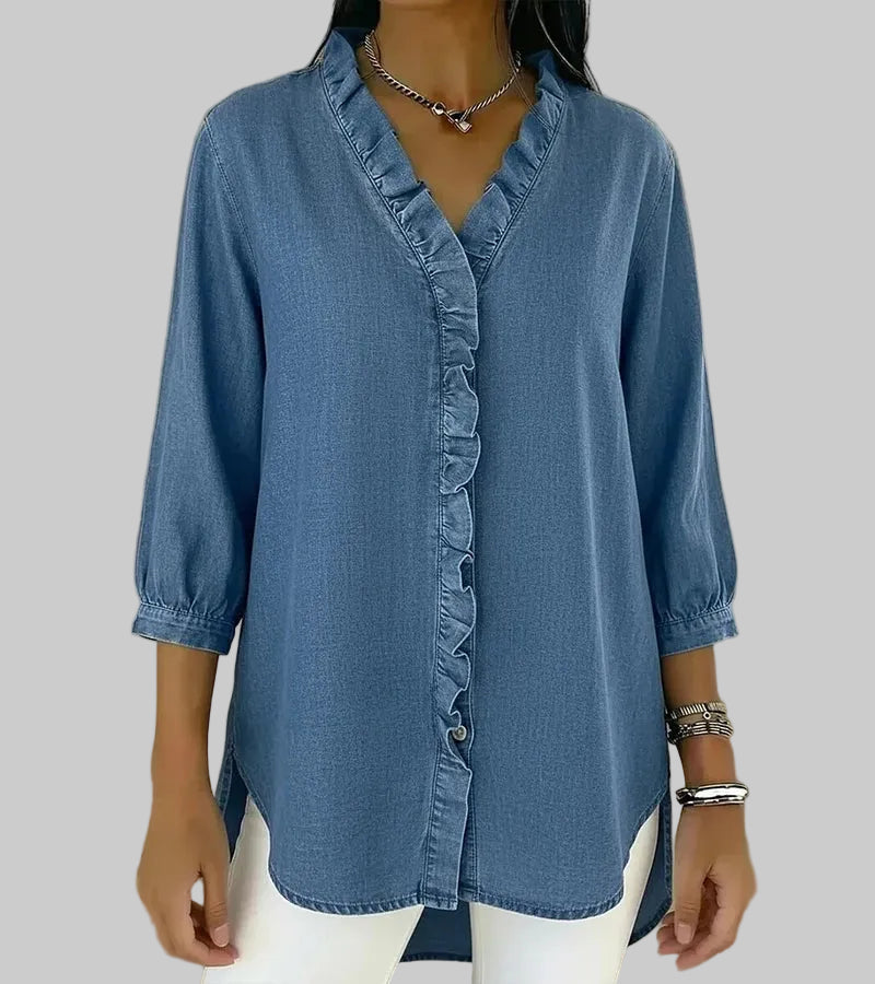Women's Denim Ruffle V-Neck Blouse with 3/4 Sleeves