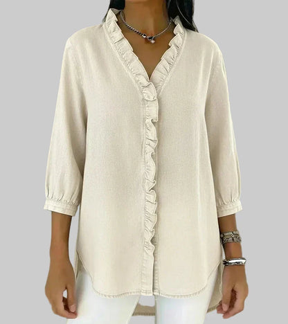 Women's Denim Ruffle V-Neck Blouse with 3/4 Sleeves