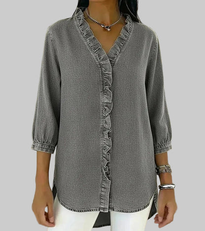 Women's Denim Ruffle V-Neck Blouse with 3/4 Sleeves