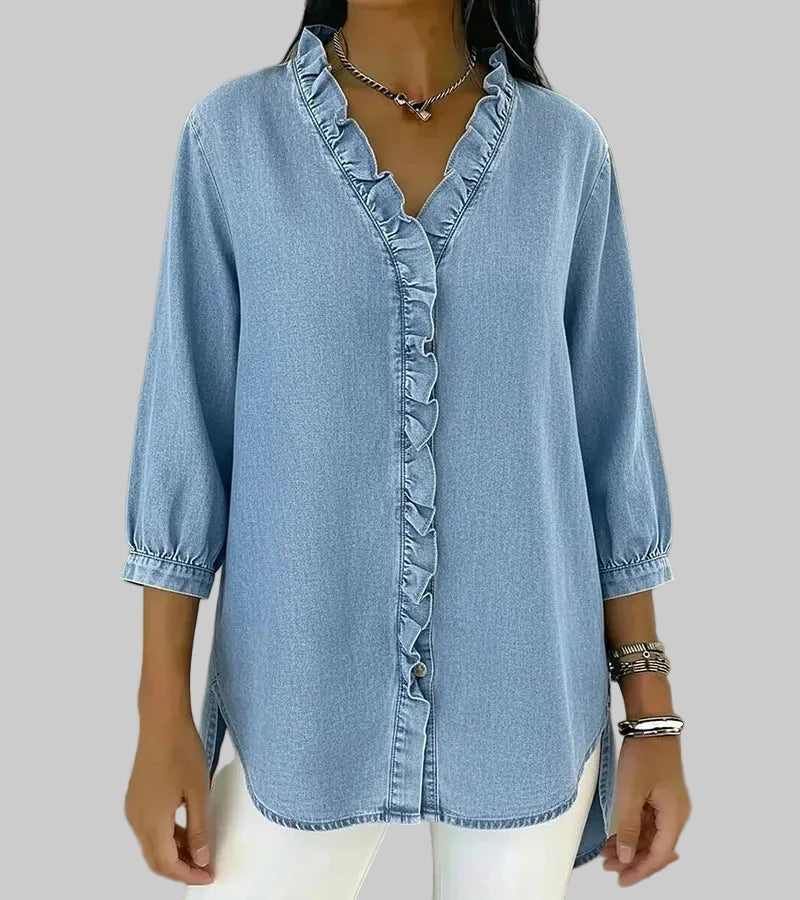 Women's Denim Ruffle V-Neck Blouse with 3/4 Sleeves