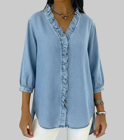 Women's Denim Ruffle V-Neck Blouse with 3/4 Sleeves