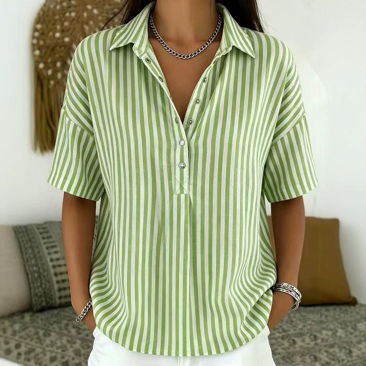 Women's Striped Short Sleeve Blouse with Collar