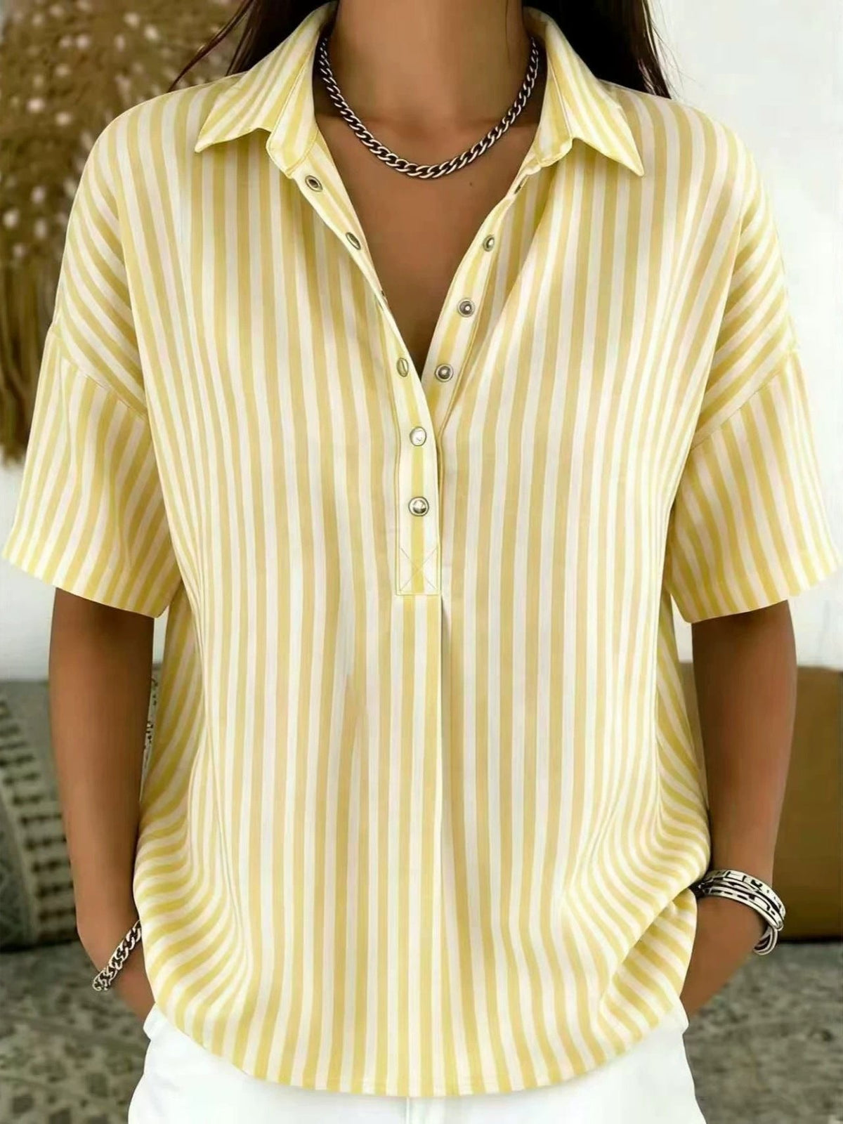 Women's Striped Short Sleeve Blouse with Collar