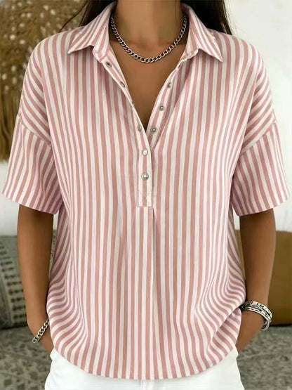 Women's Striped Short Sleeve Blouse with Collar