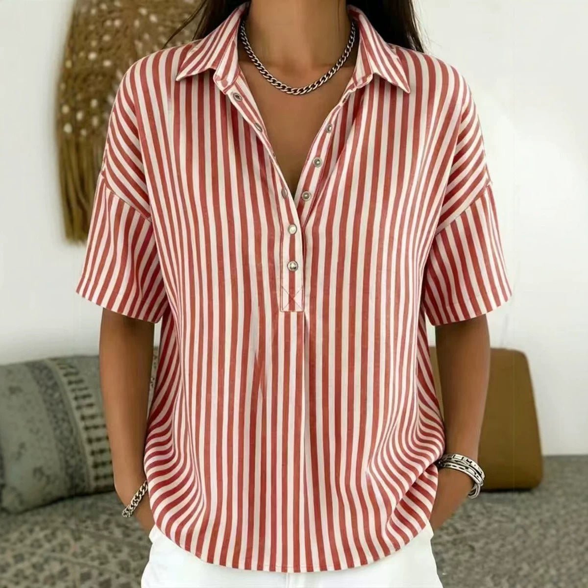 Women's Striped Short Sleeve Blouse with Collar