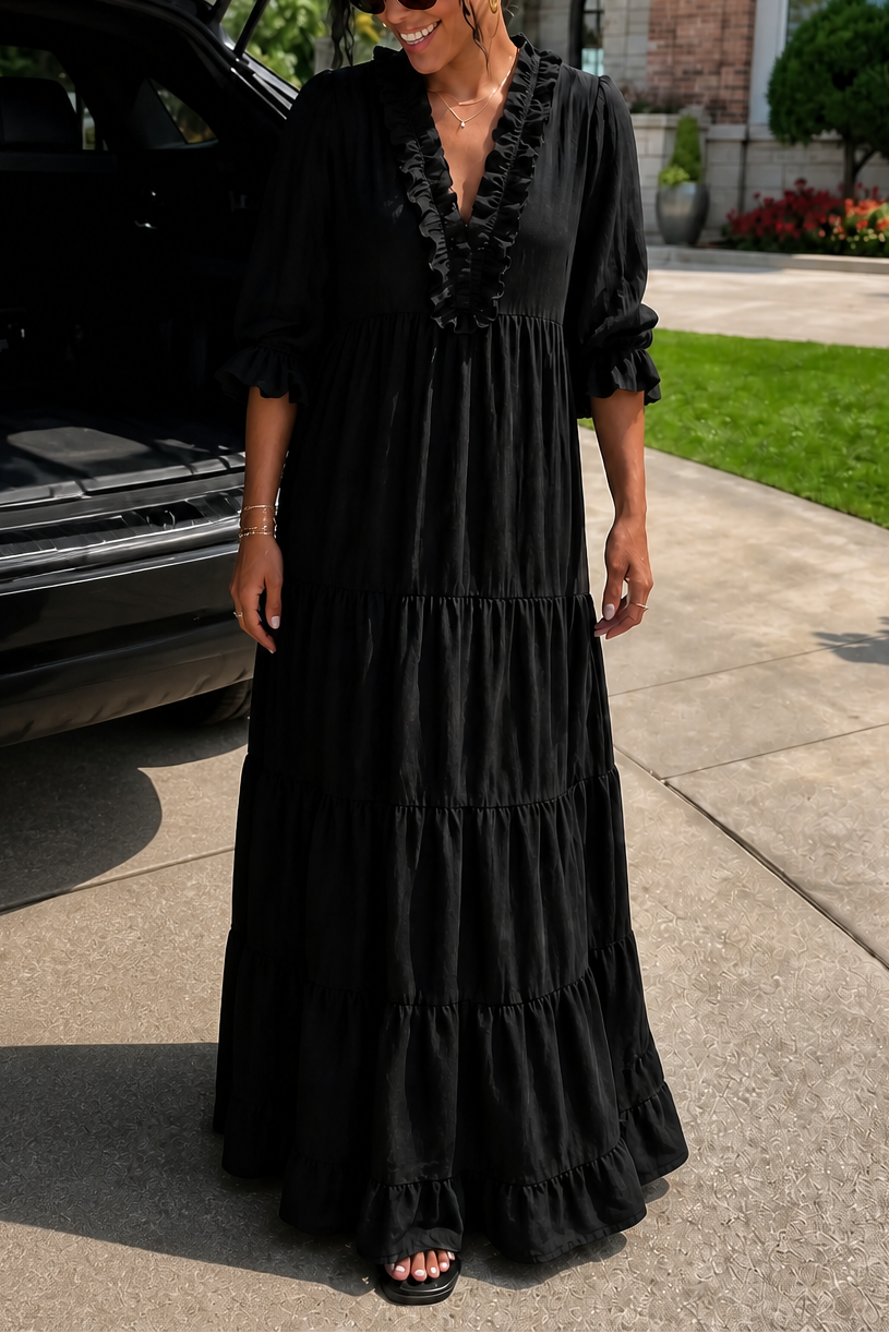 Women's Tiered Maxi Dress – Ruffled V-Neck, Woven Fabric