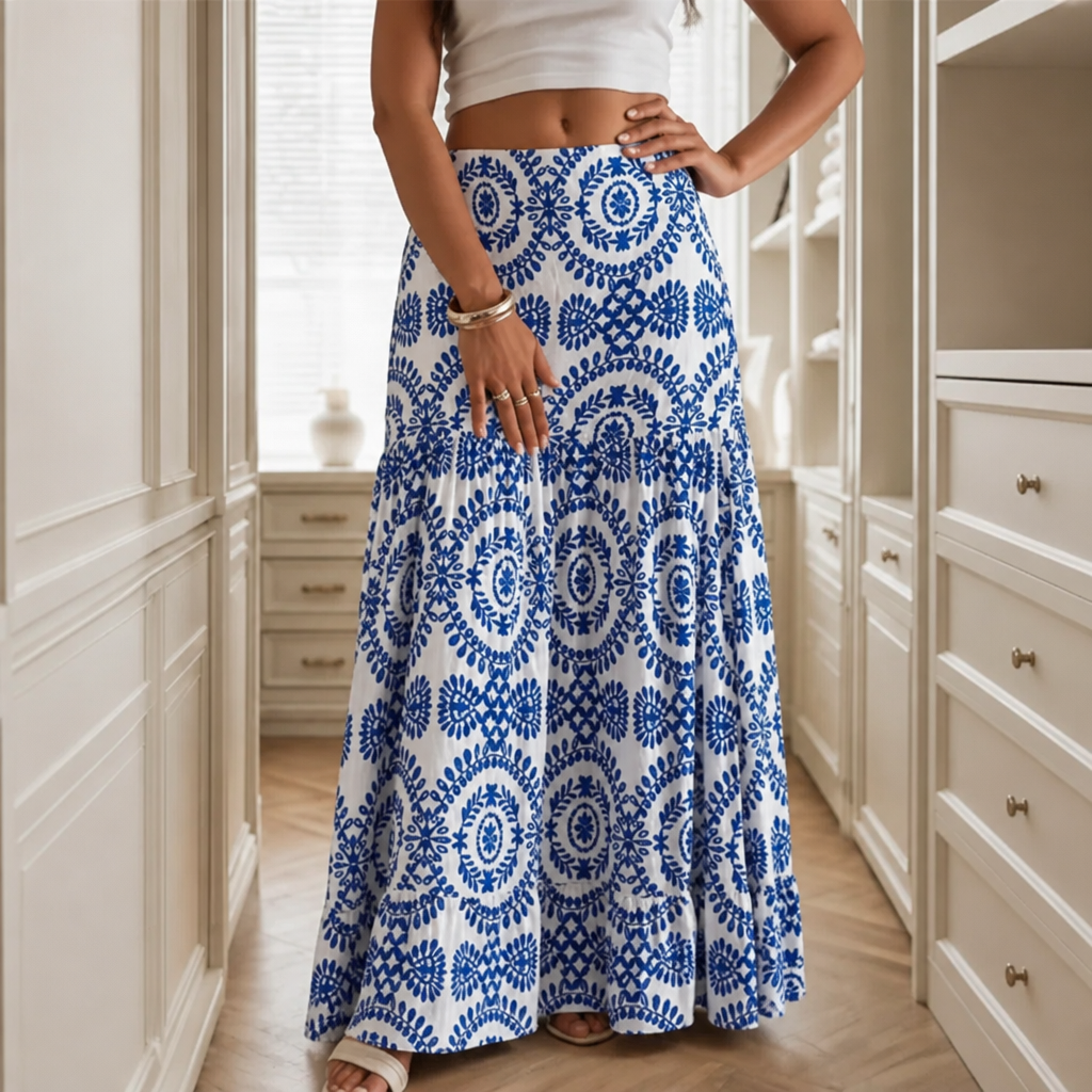 Women's Maxi Skirt – Tiered, Geometric Print, Elastic Waist