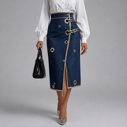 Women's Wrap Midi Skirt – Asymmetric, Gold Trim, Buckle Closure
