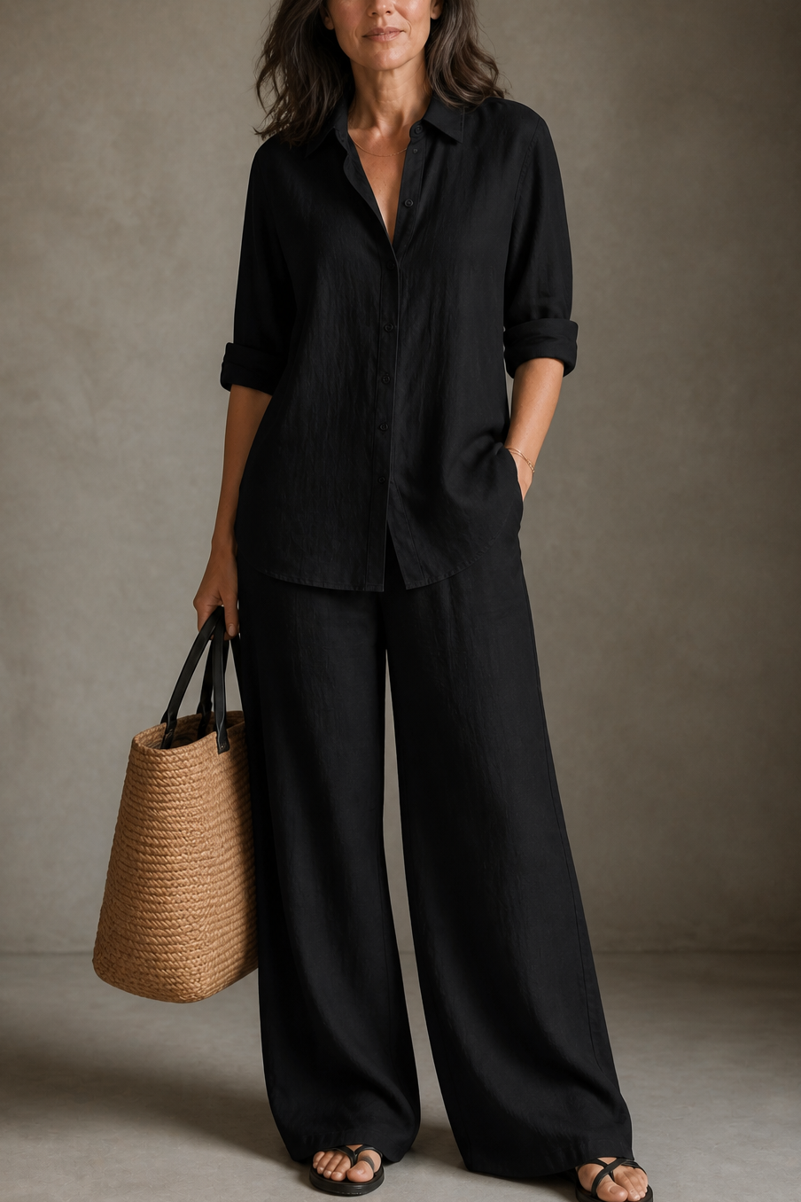 Women's Two-Piece Set – Wide-Leg, Cotton Blend, Breathable