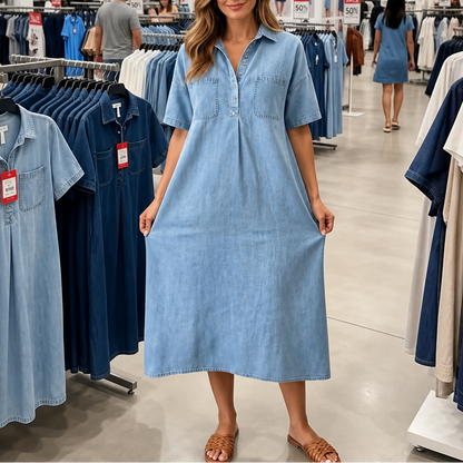 Women's Denim Midi Dress – Collared, Short Sleeves, Pockets
