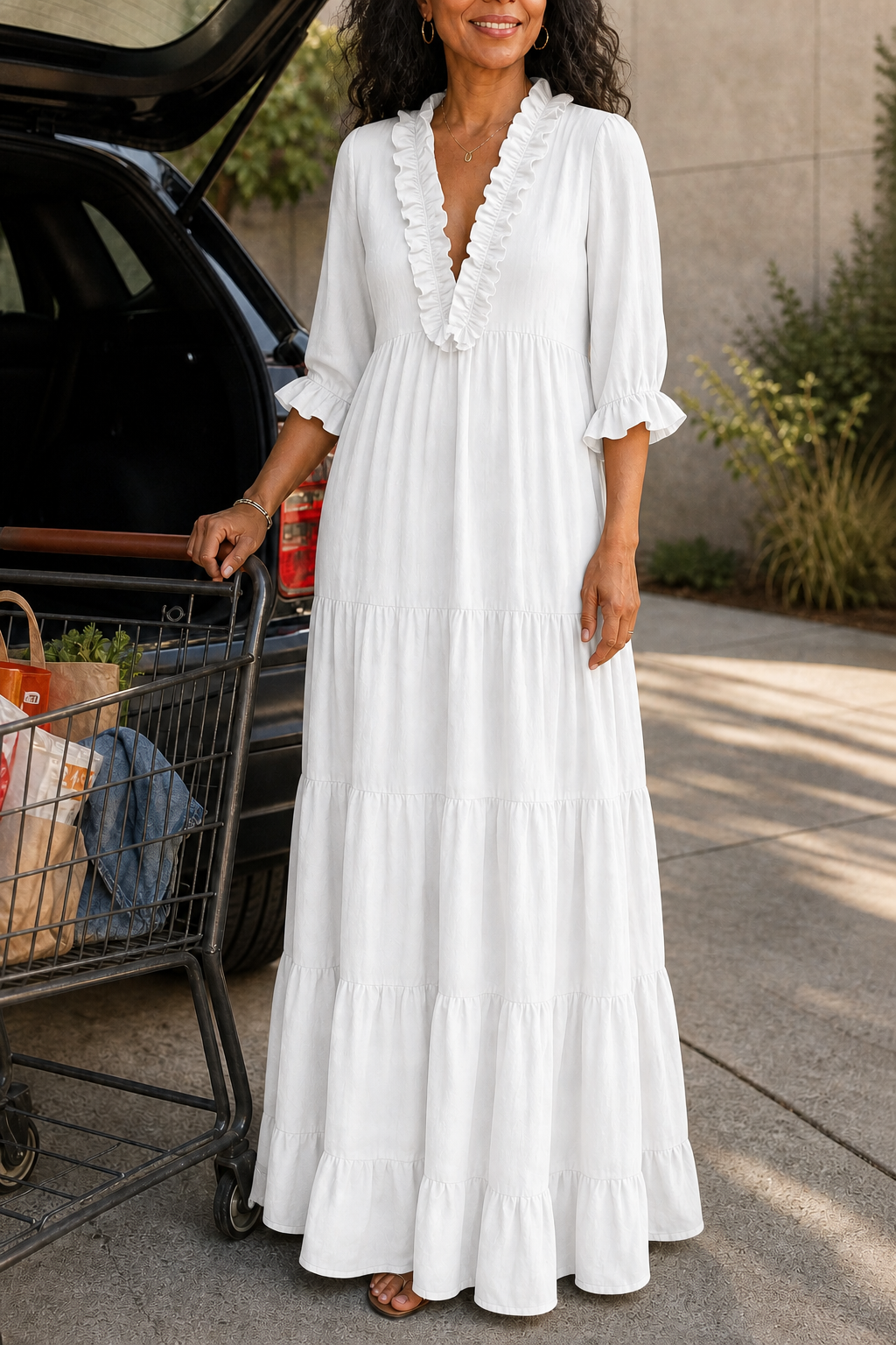 Women's Tiered Maxi Dress – Ruffled V-Neck, Woven Fabric