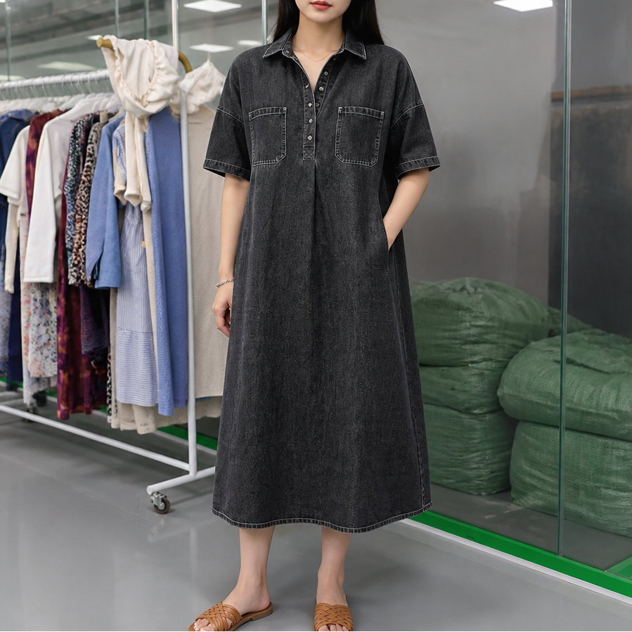 Women's Denim Midi Dress – Collared, Short Sleeves, Pockets