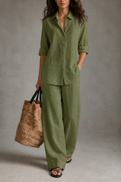 Women's Two-Piece Set – Wide-Leg, Cotton Blend, Breathable
