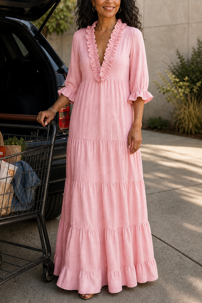 Women's Tiered Maxi Dress – Ruffled V-Neck, Woven Fabric