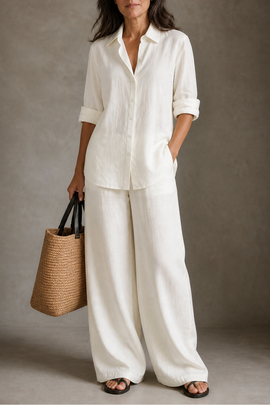 Women's Two-Piece Set – Wide-Leg, Cotton Blend, Breathable